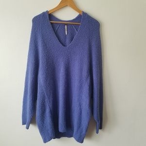Free People Chunky Knit Oversized Drop Sleeves Blue Longsleeve V-Neck Sweater L